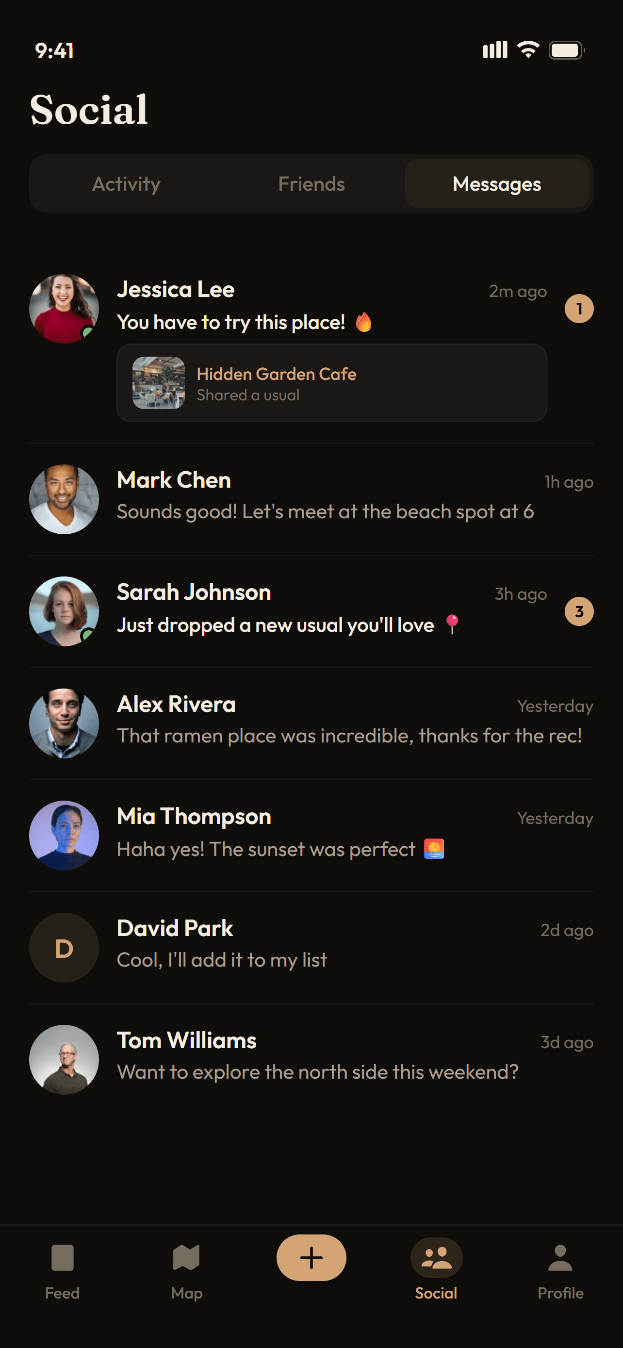 Messages tab showing a shared Hidden Garden Cafe